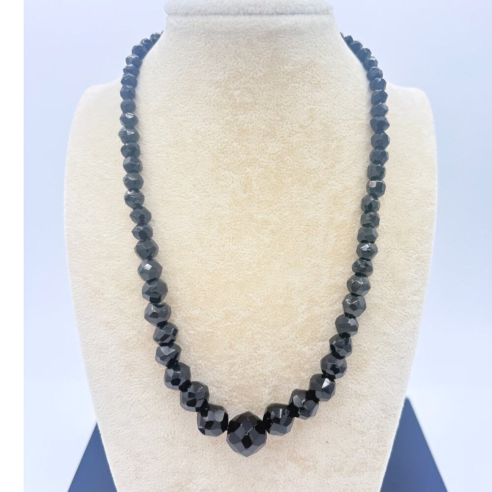 Mid‑Century 14k White Gold and Hand‑Faceted Onyx Graduated Bead Necklace 16"